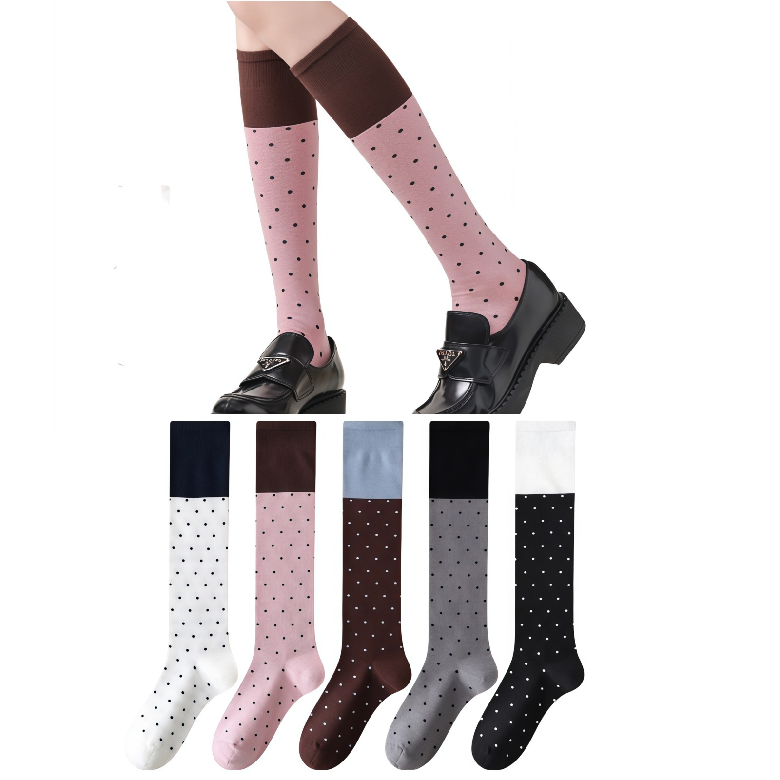 Womens Polka Dot Knee High Socks Fashion Color Matching Sweet Girl Knee Socks